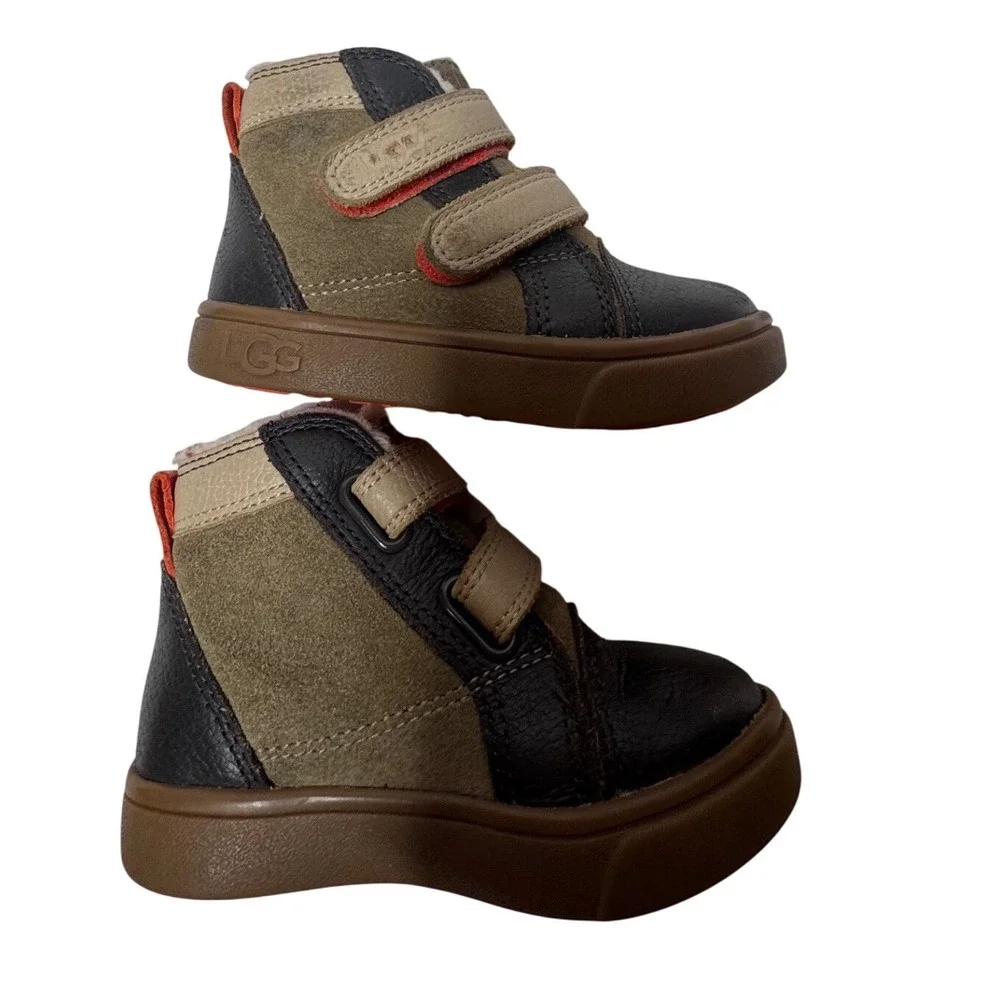 UGG Kids Rennon II Brown Olive Leather High Top Sneakers Hook Loop Straps Sz 6